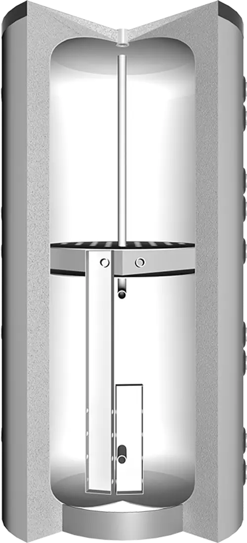 Schematische Darstellung eines Pufferspeichers mit einer vertikalen Zylinderform, Innenansicht mit einem zentralen Stab und verschiedenen Ein- und Auslassöffnungen.